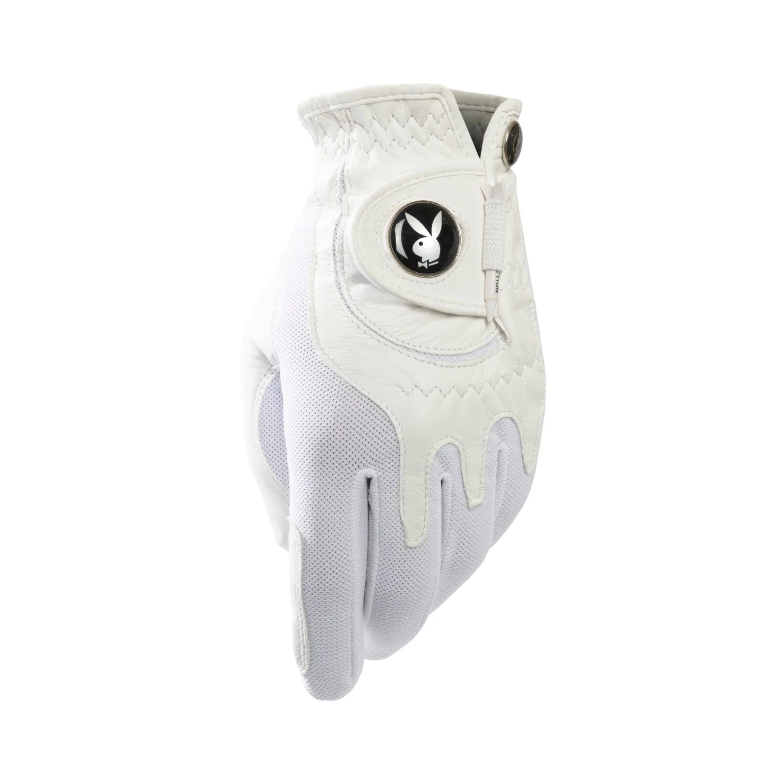 White leather golf glove with mesh detail and rabbit head logo on wrist, isolated on white background