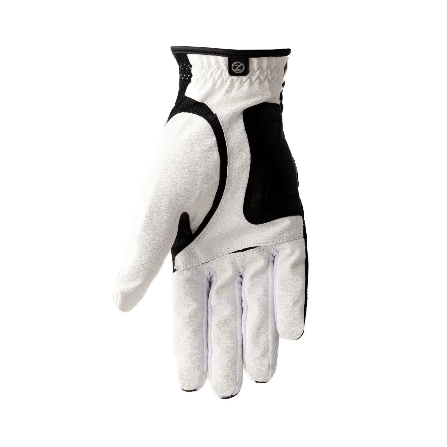 White and black golf glove with adjustable wrist strap on a plain background