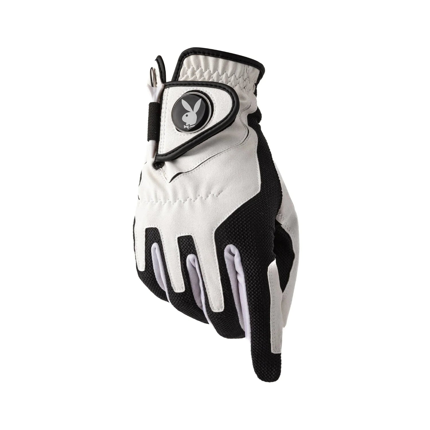 white and black golf glove with logo, stylish sports glove for golfing