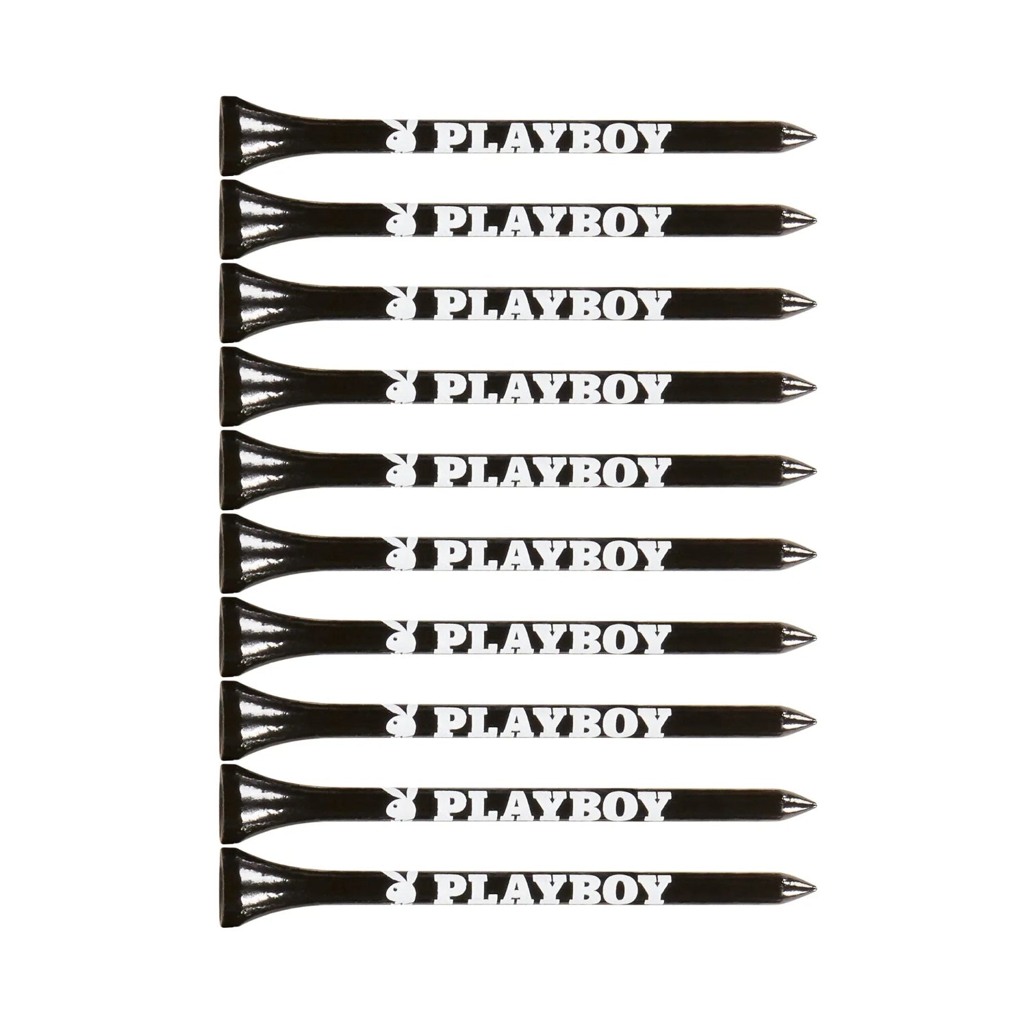 Set of black golf tees with white Playboy logo arranged in a neat row on white background