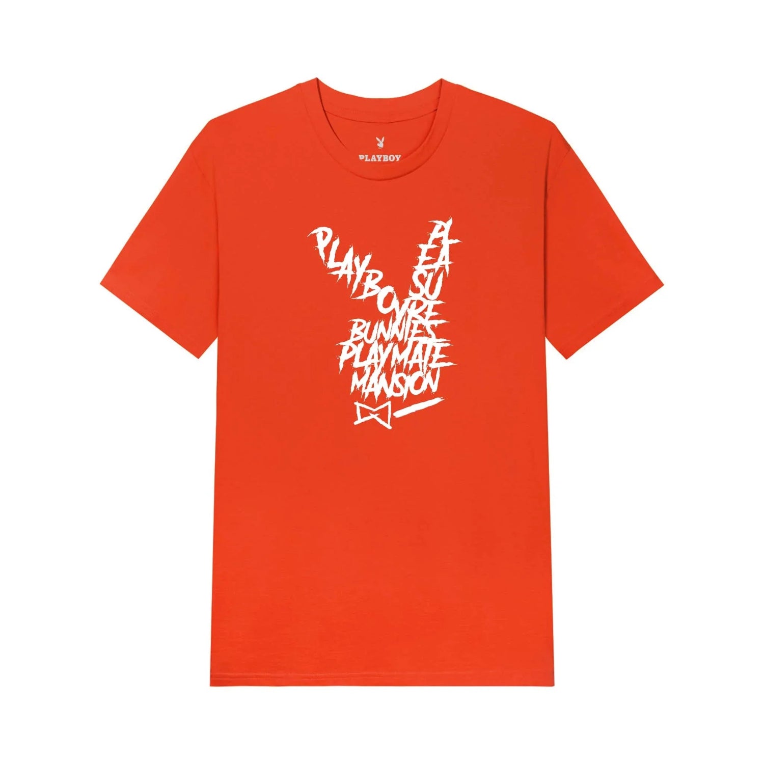 Orange t-shirt with graffiti-style white rabbit head graphic and bold text design