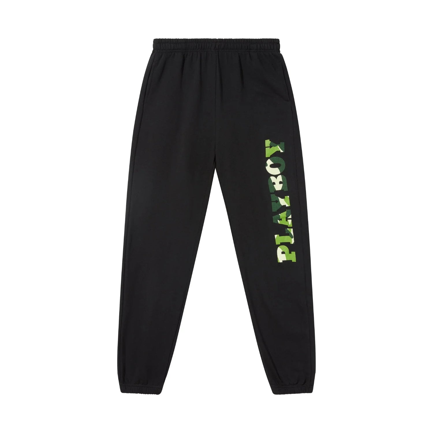Black sweatpants with green camo PLAYBOY text graphic on right leg, elastic waist and cuffs