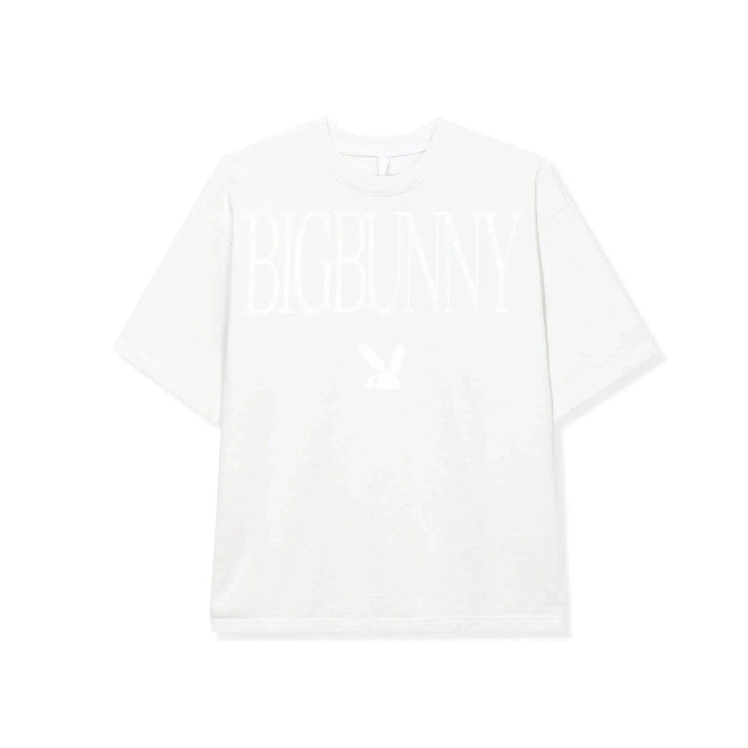 White heavyweight fleece T-shirt with 'BIG BUNNY' text and bunny logo on front, short sleeves