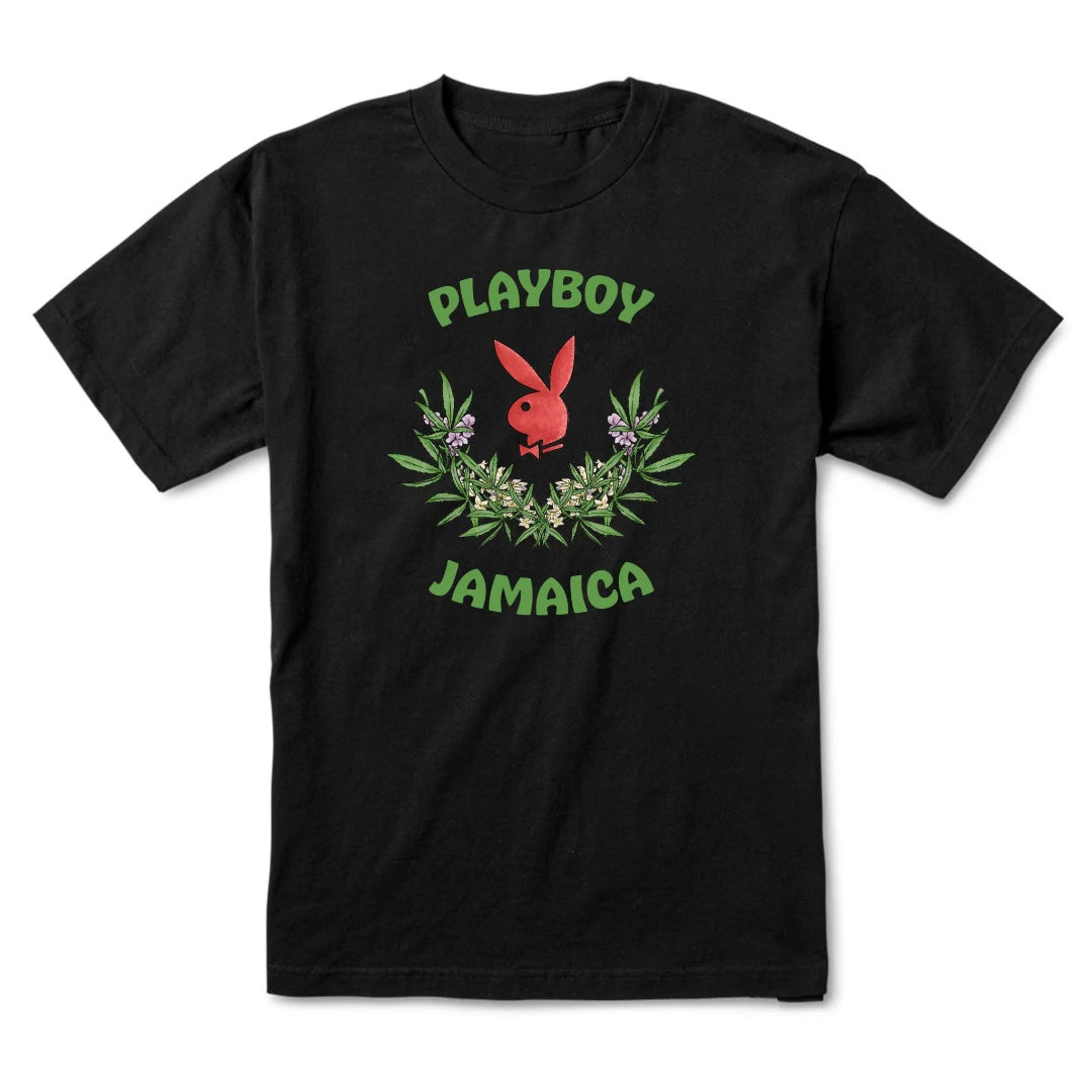 Black Jamaica core logo tee with red bunny icon, green leaves, and bold text graphic
