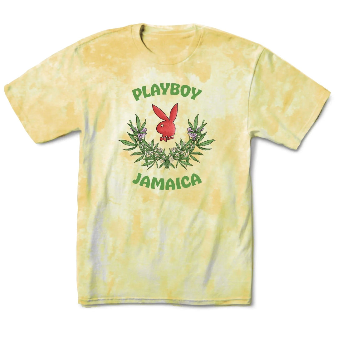 Yellow tie-dye t-shirt with red bunny logo, green leaves, and Jamaica text.