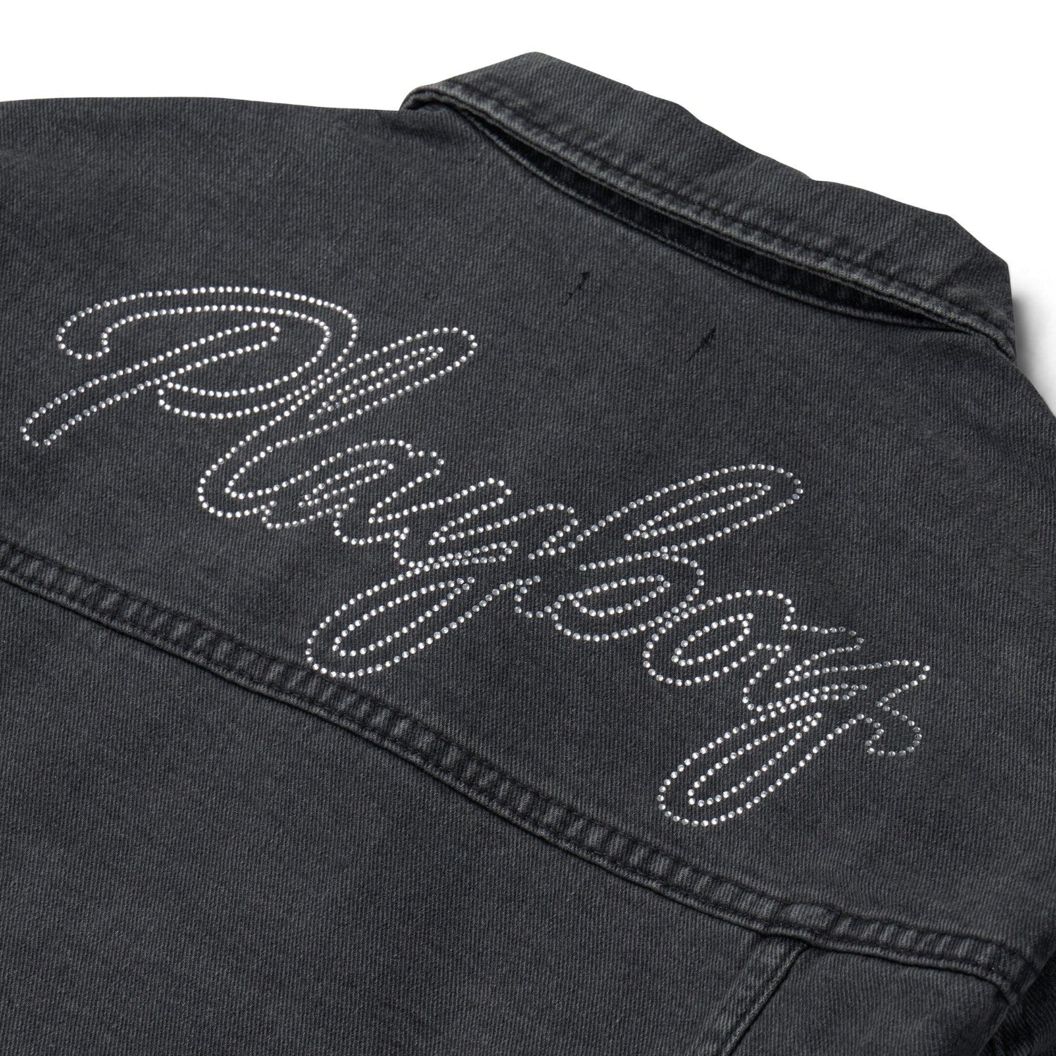 Black denim jacket with rhinestone-studded 'Playboy' script on the back