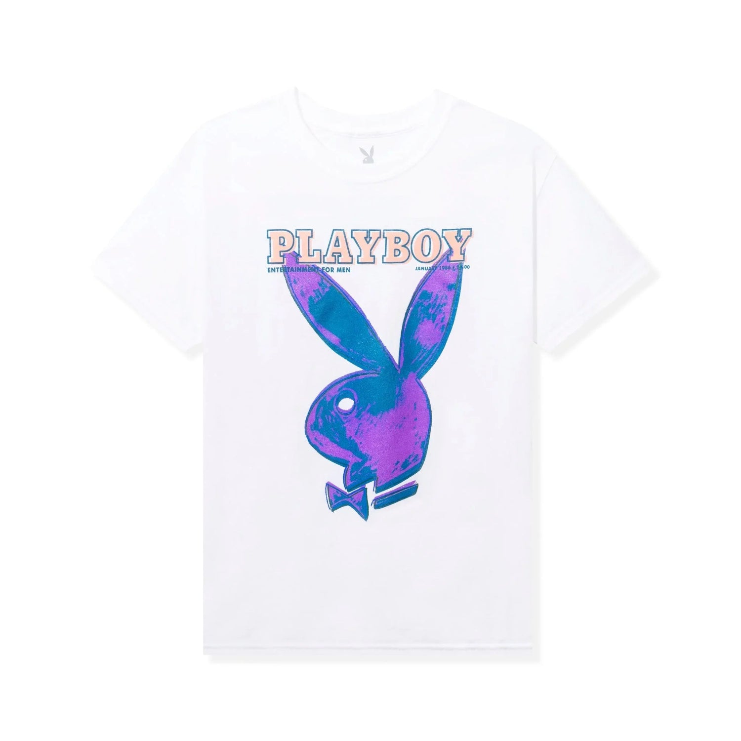 White T-shirt with purple pop art bunny logo and retro January 1986 magazine cover design.