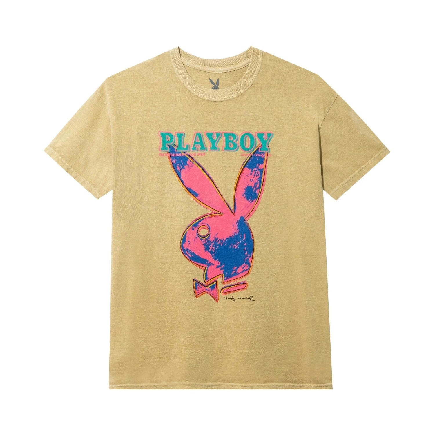 Beige t-shirt with colorful pop art Playboy bunny graphic and bold PLAYBOY text on front.