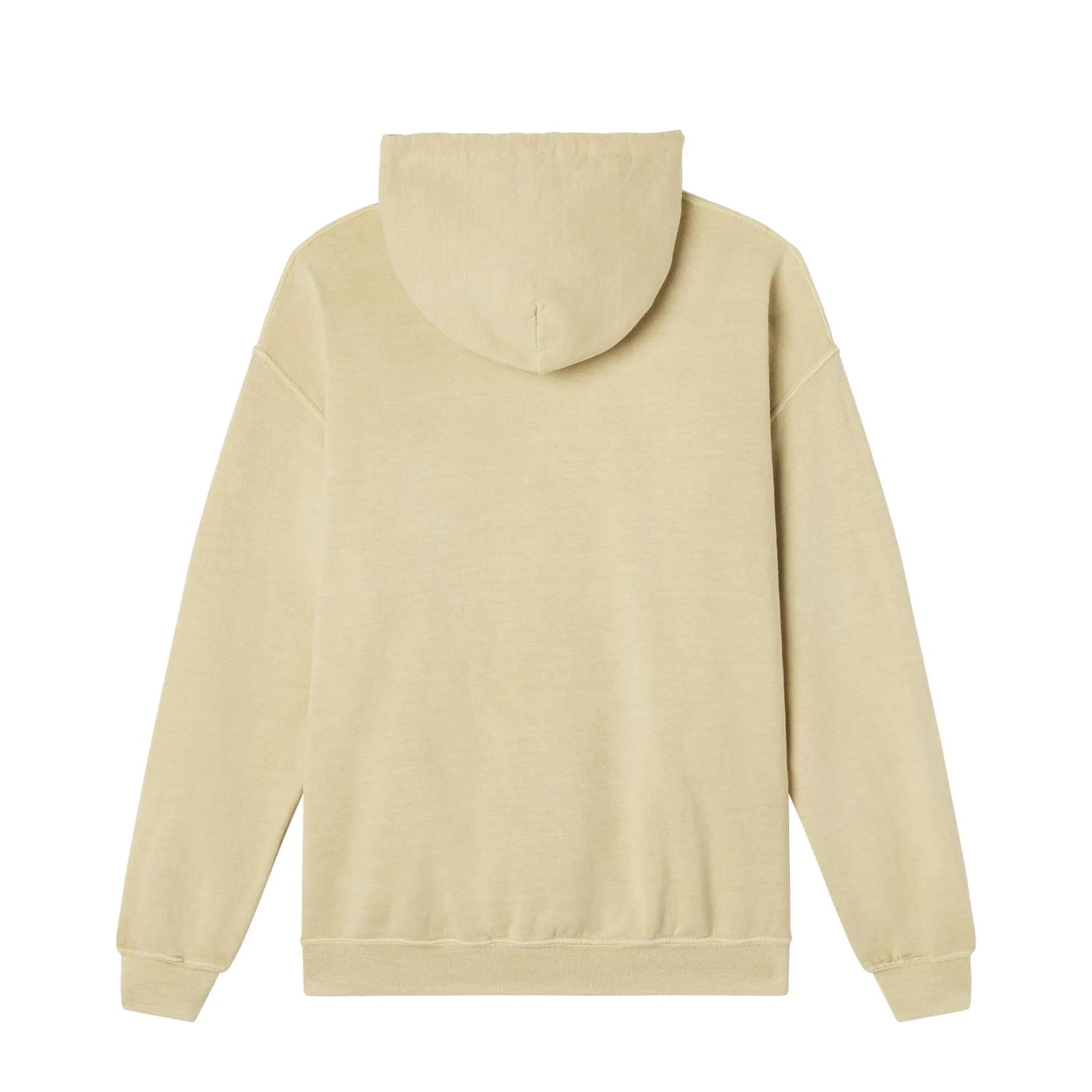 Back view of beige pop art hoodie with hood and long sleeves, plain design