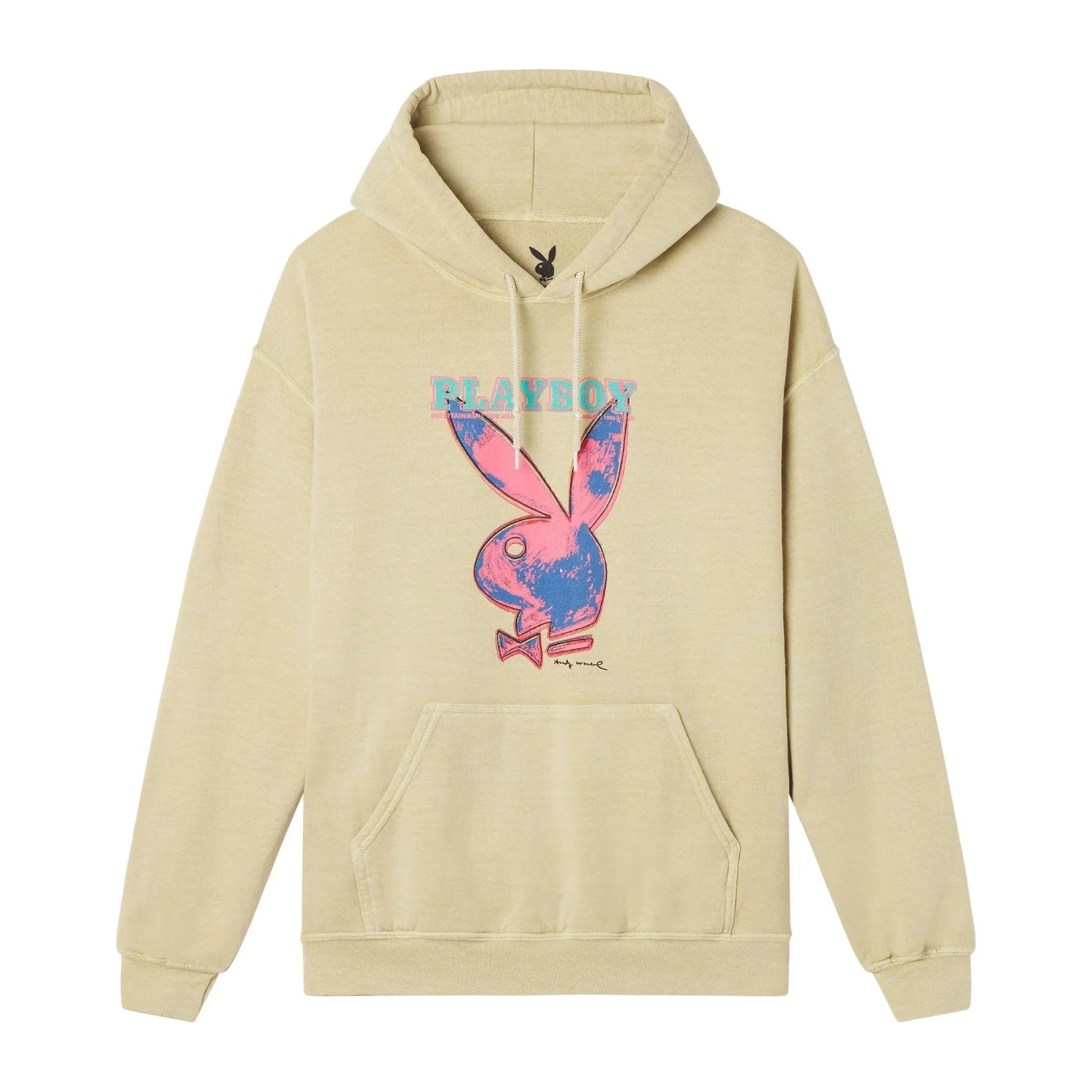 Beige hoodie with pop art pink and blue bunny graphic and PLAYBOY text on front.