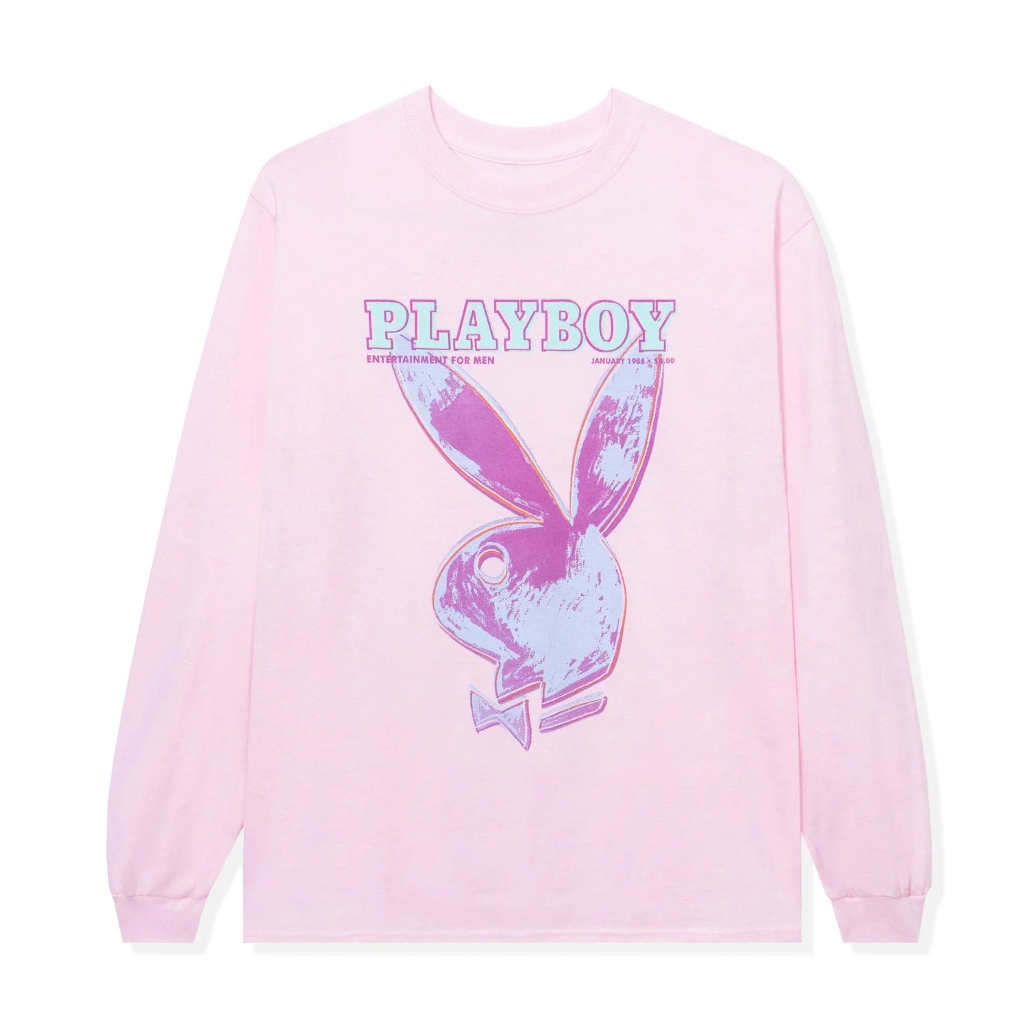 Pink long sleeve t-shirt with purple pop art bunny graphic and bold text on front