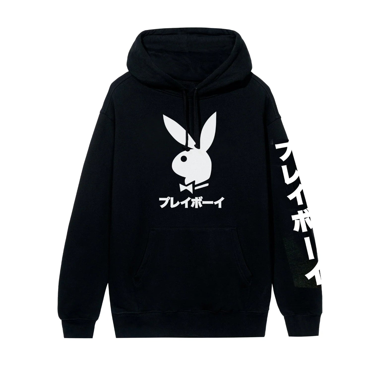 Black hoodie with white bunny graphic and Japanese text, front logo and sleeve print