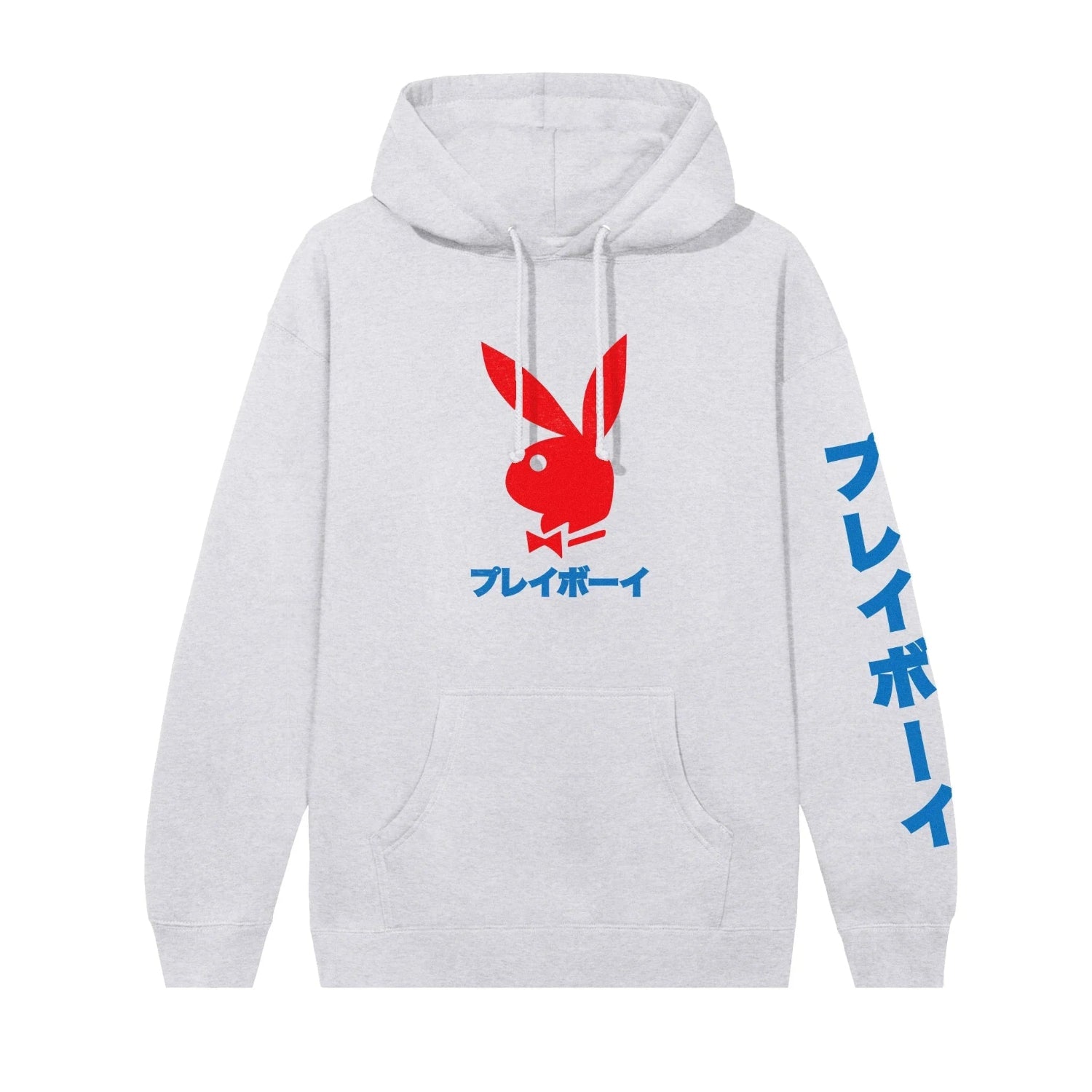 Light gray hoodie with red rabbit head graphic, blue Japanese text on chest and sleeve.