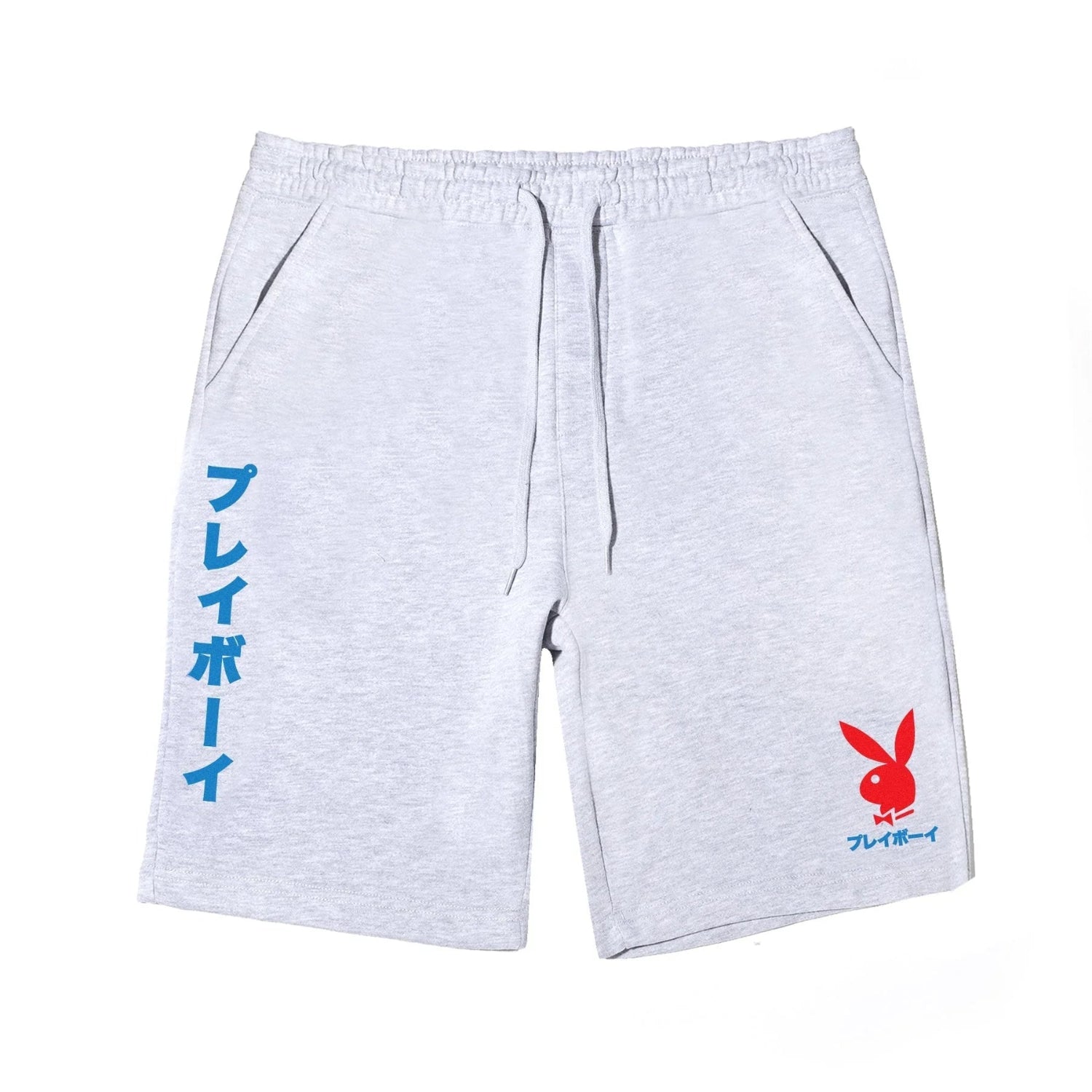 Light grey sweatshorts with red rabbit head logo and blue Japanese text on front