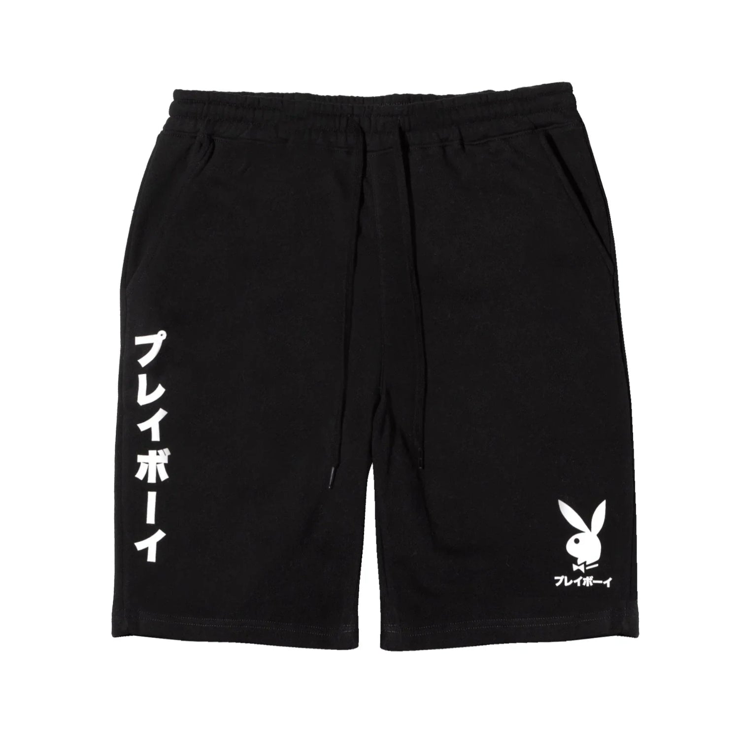 Black sweatshorts with white Japanese text and rabbit head graphic on front