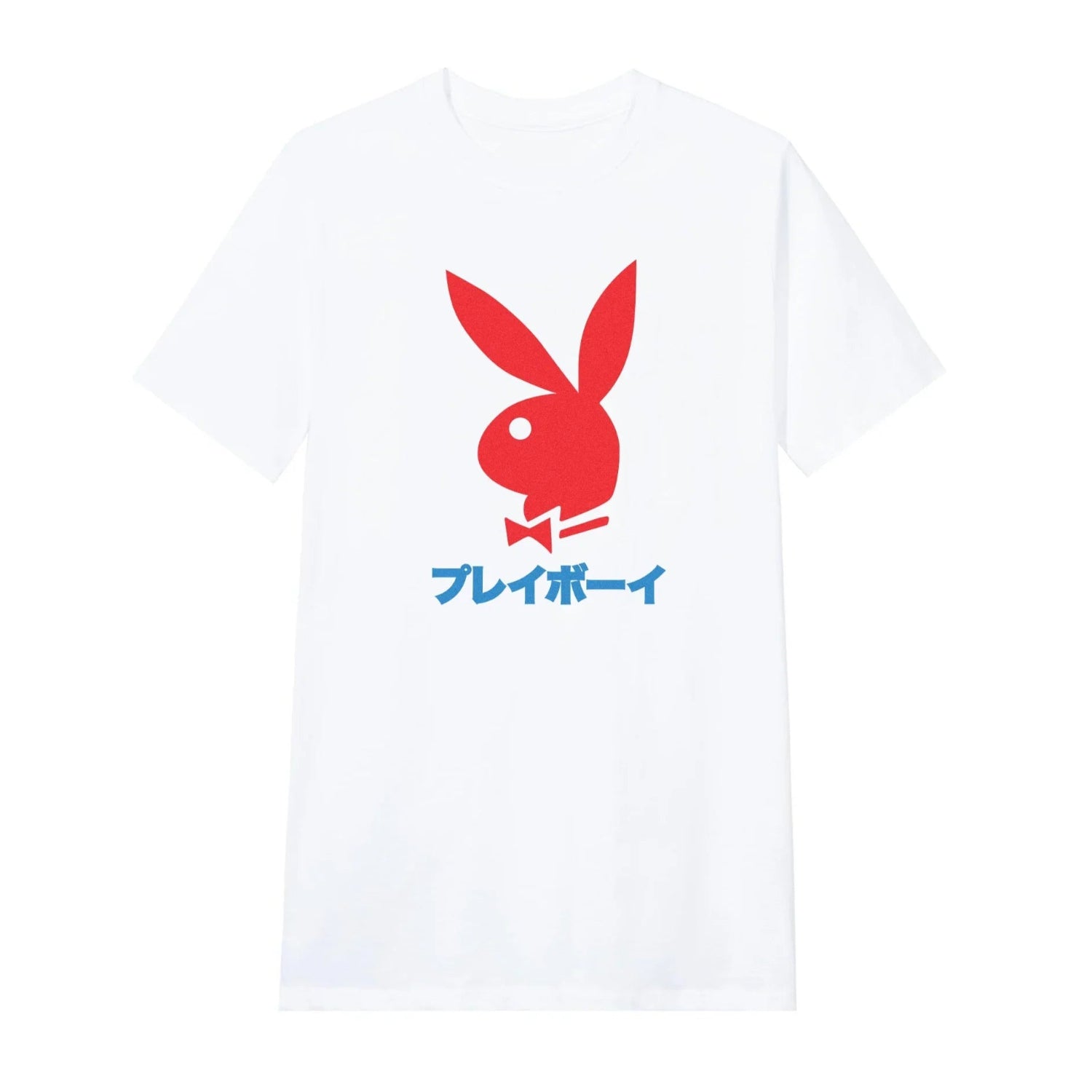 White t-shirt with large red rabbit head graphic and blue Japanese text on front.