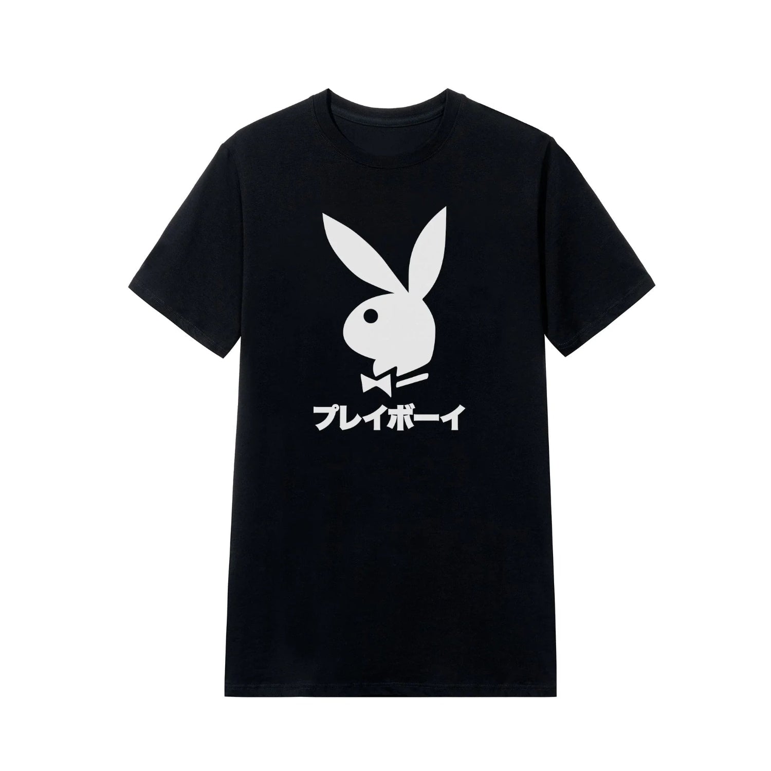 Black t-shirt with white rabbit head logo and Japanese text, graphic streetwear top