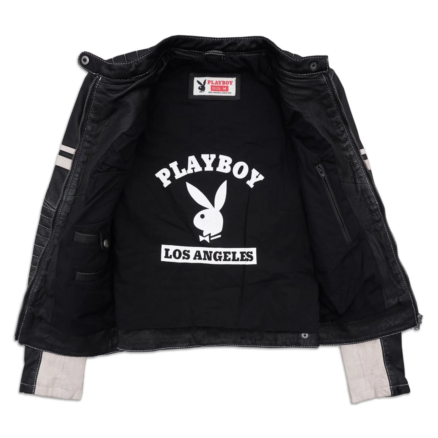 Women's black leather jacket open to reveal printed Los Angeles bunny logo lining.