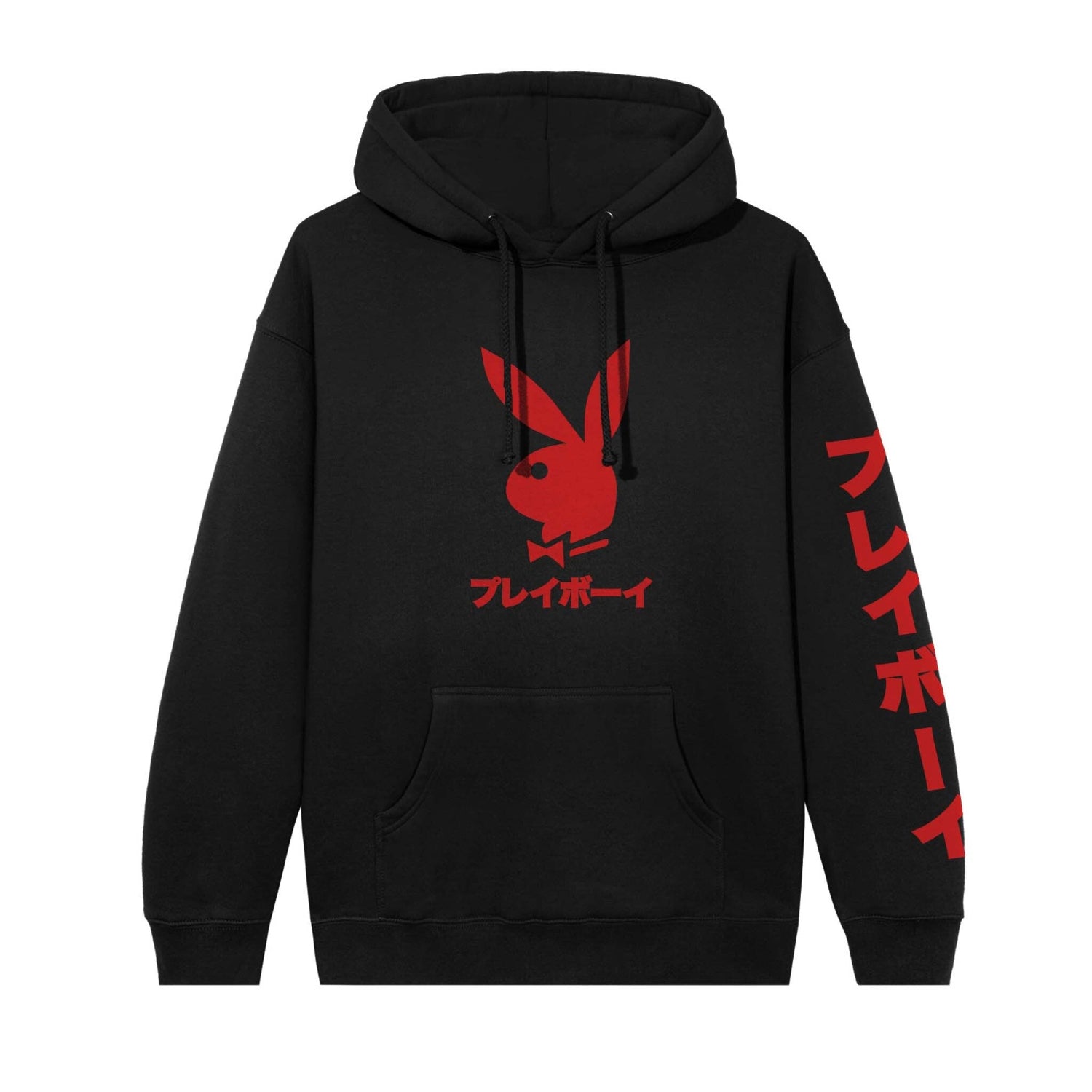 Black hoodie with red logo and text on a white background