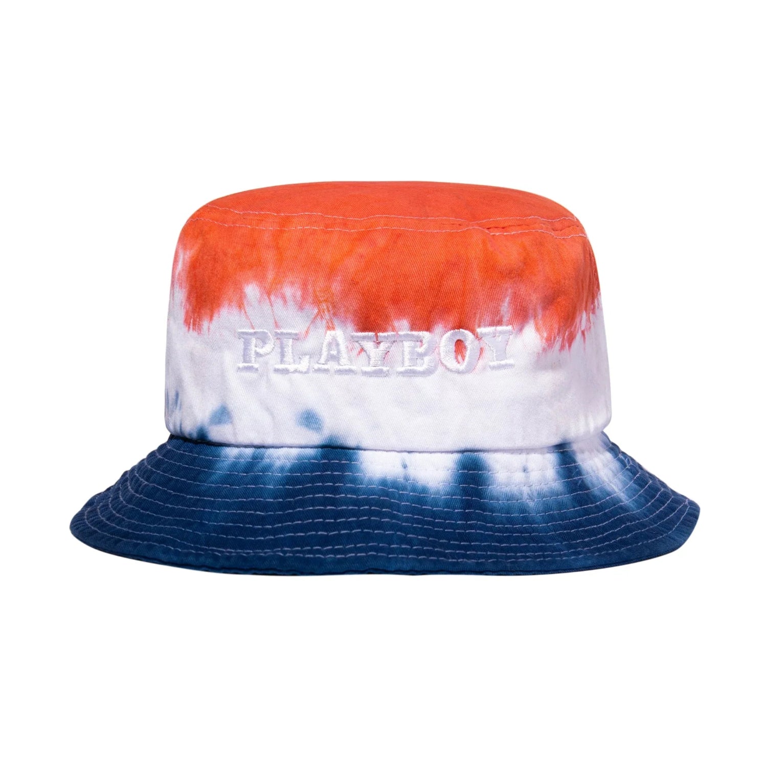 Red, white, and blue tie-dye bucket hat with PLAYBOY embroidery, men's streetwear accessory
