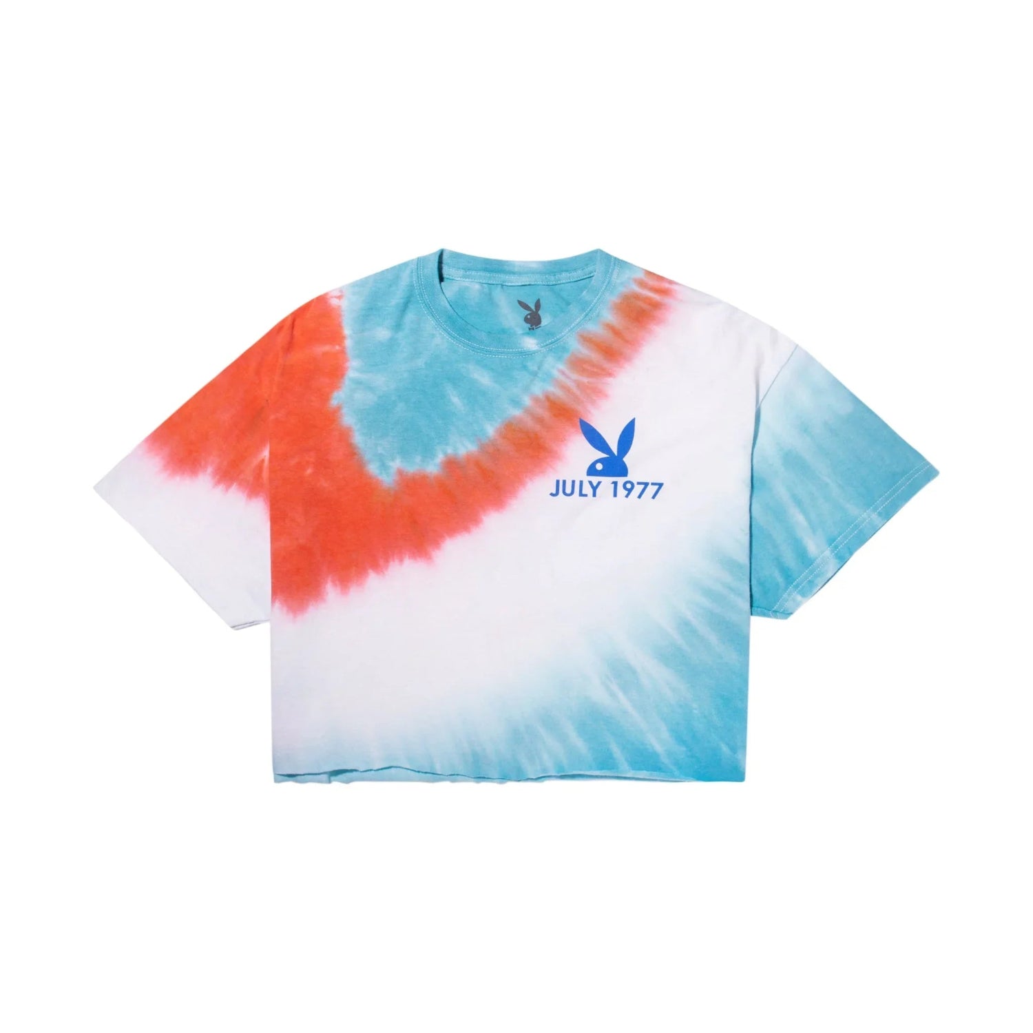 Tie-dye crop t-shirt with blue and orange swirl, July 1977 text and rabbit head logo graphic.
