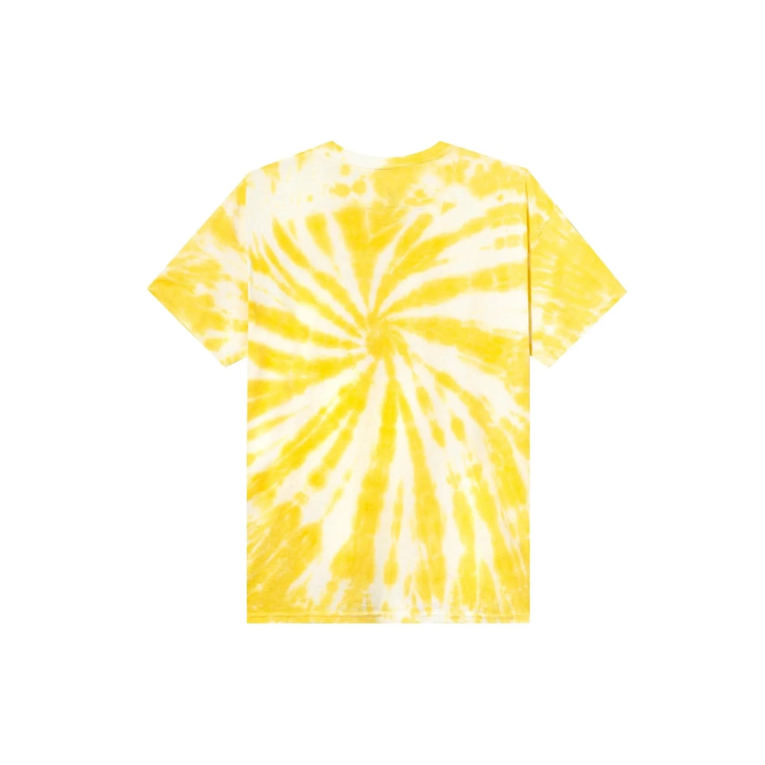 Yellow and white spiral tie-dye short sleeve t-shirt on a white background