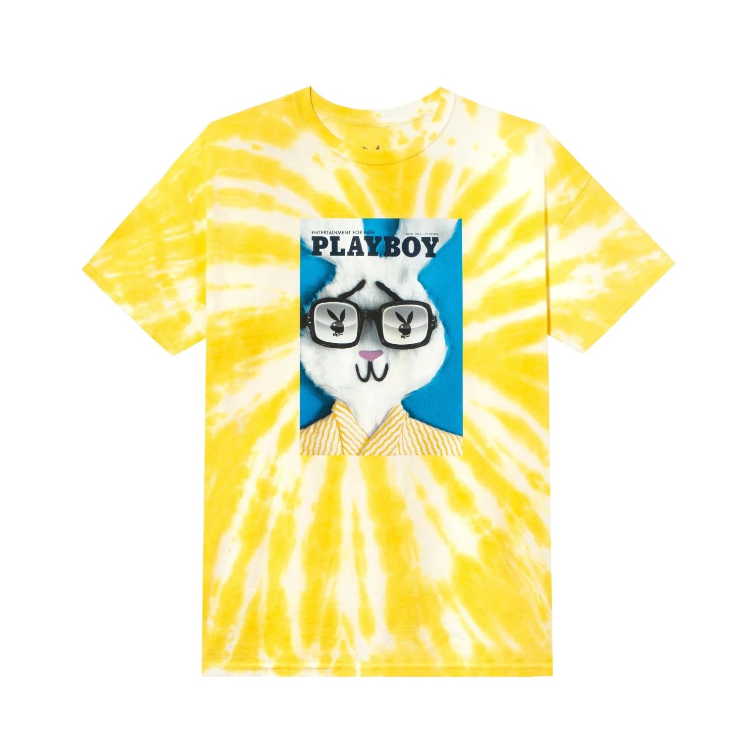 Yellow tie-dye t-shirt with illustrated animal graphic and retro magazine cover design.