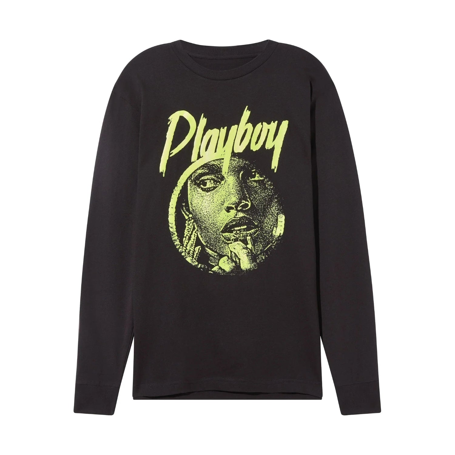 Black long sleeve t-shirt with neon graphic face and bold vintage-style text on front