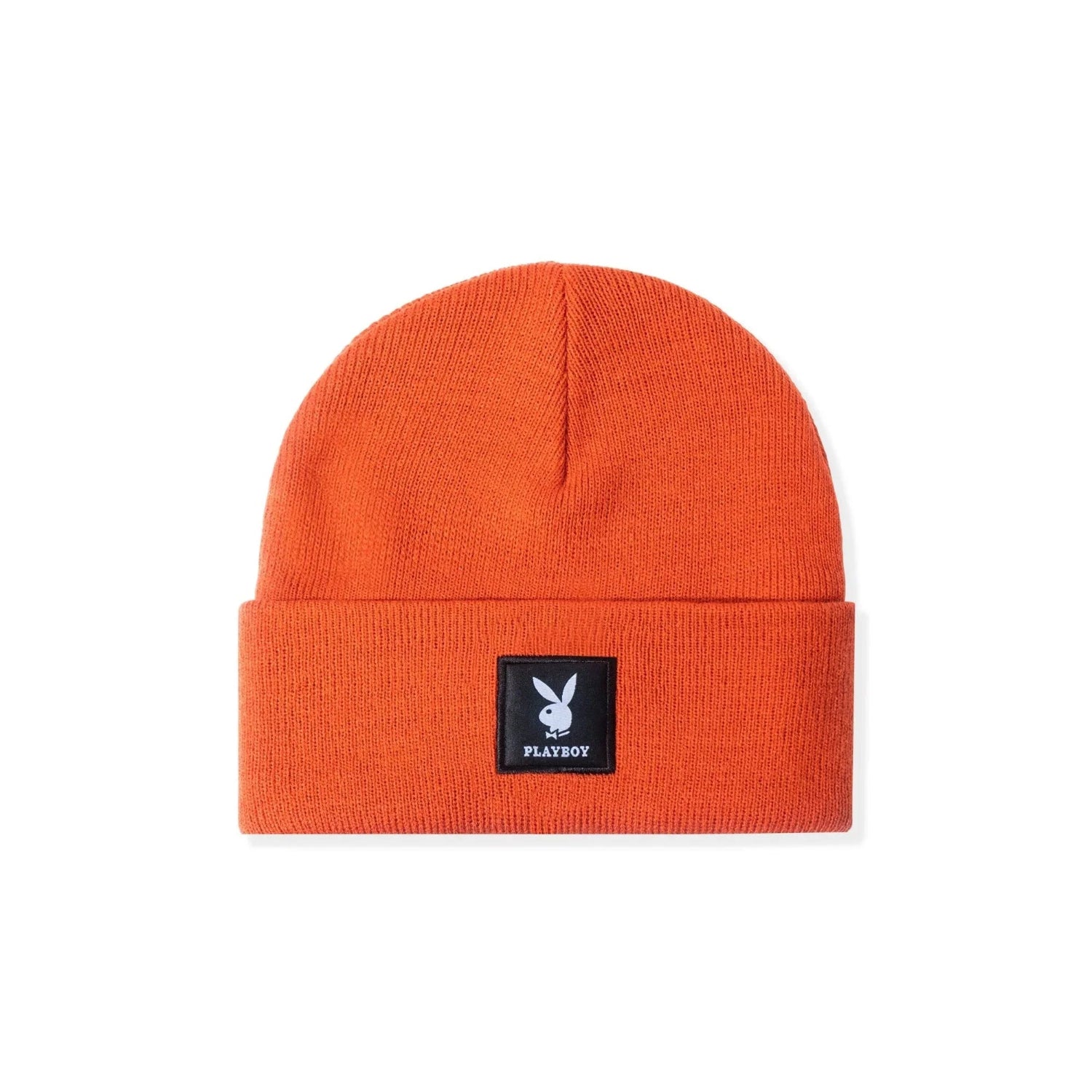 Orange knit beanie with black logo patch featuring white bunny and PLAYBOY text on front