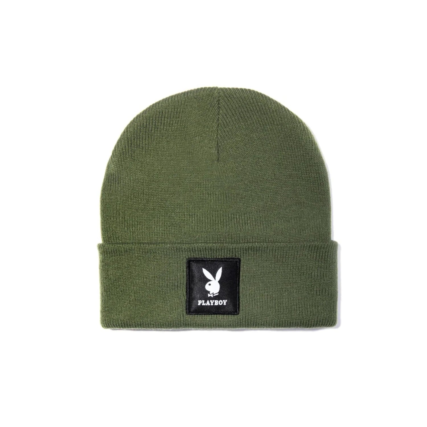 Olive green knit beanie with black logo patch and white bunny emblem on front cuff