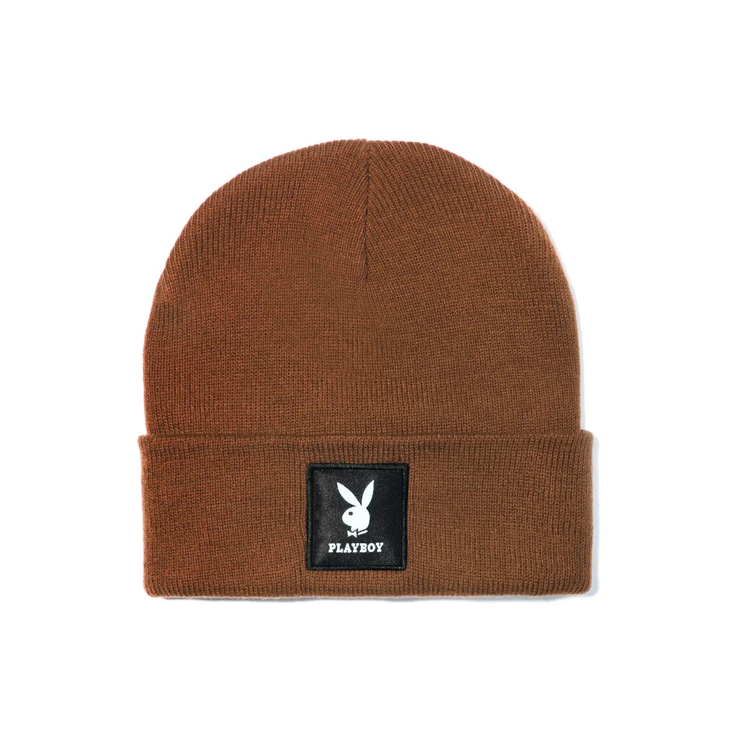 Brown knit beanie with fold-over cuff and black logo patch featuring white rabbit head