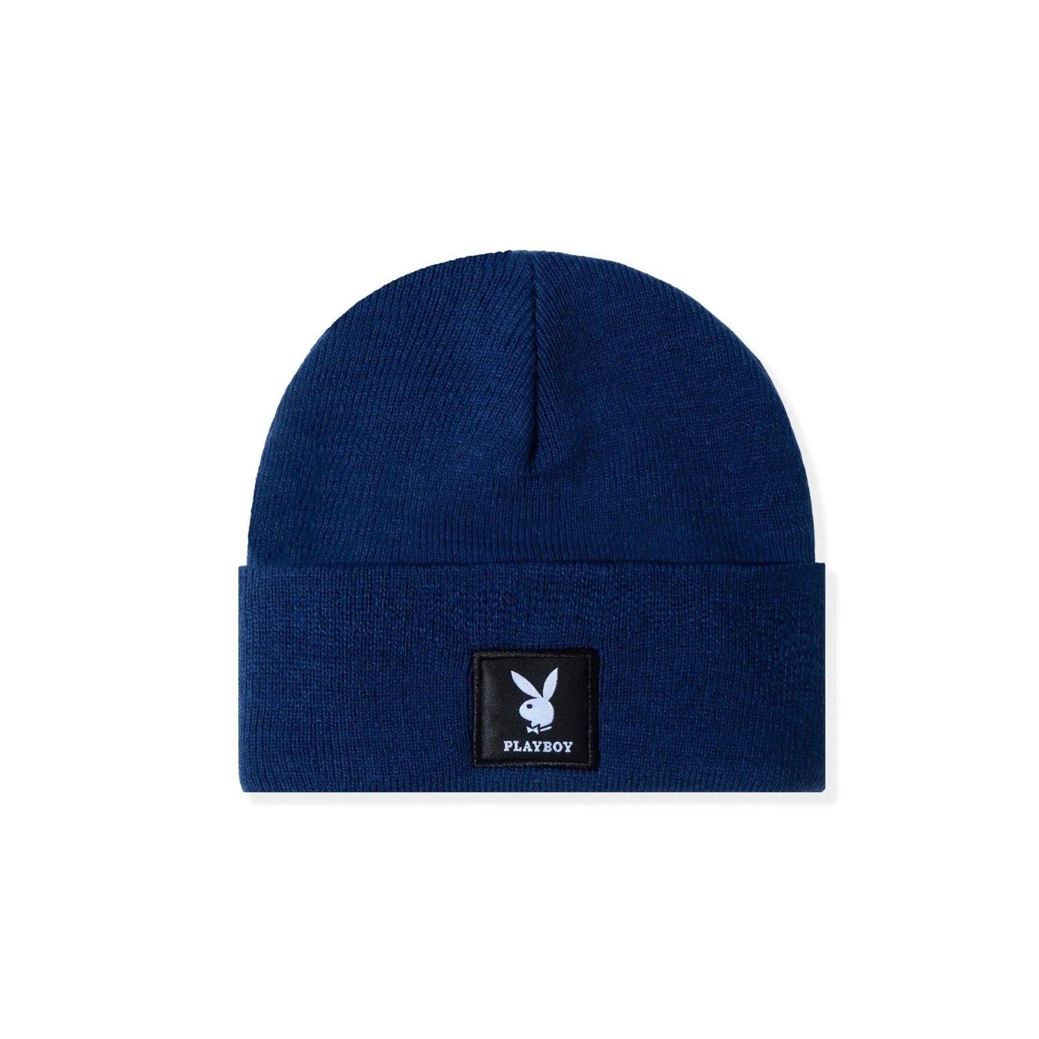 Navy blue knit beanie with black logo patch on front and white bunny graphic
