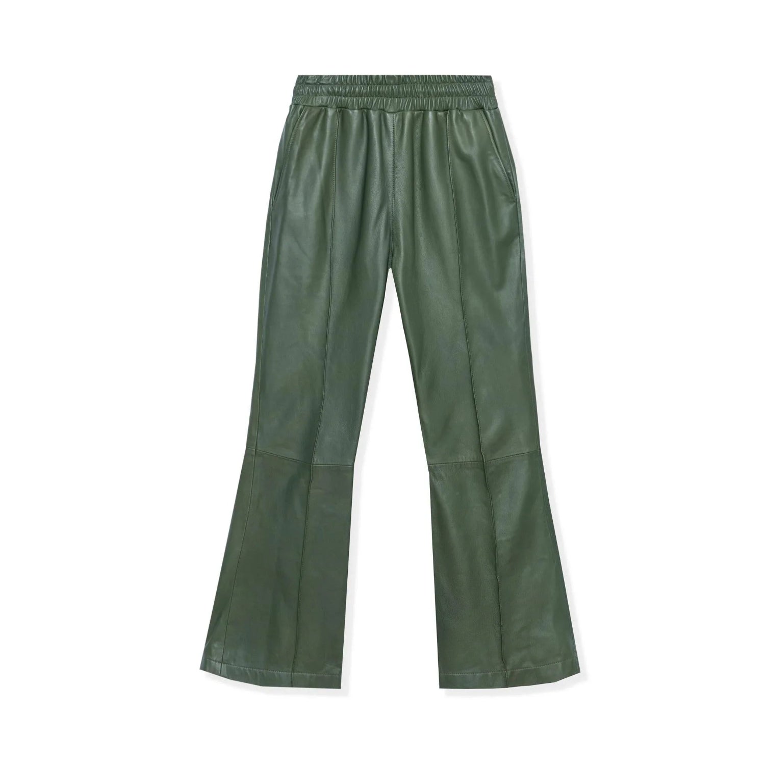 Green faux leather flare pants with elastic waistband and side pockets on white background