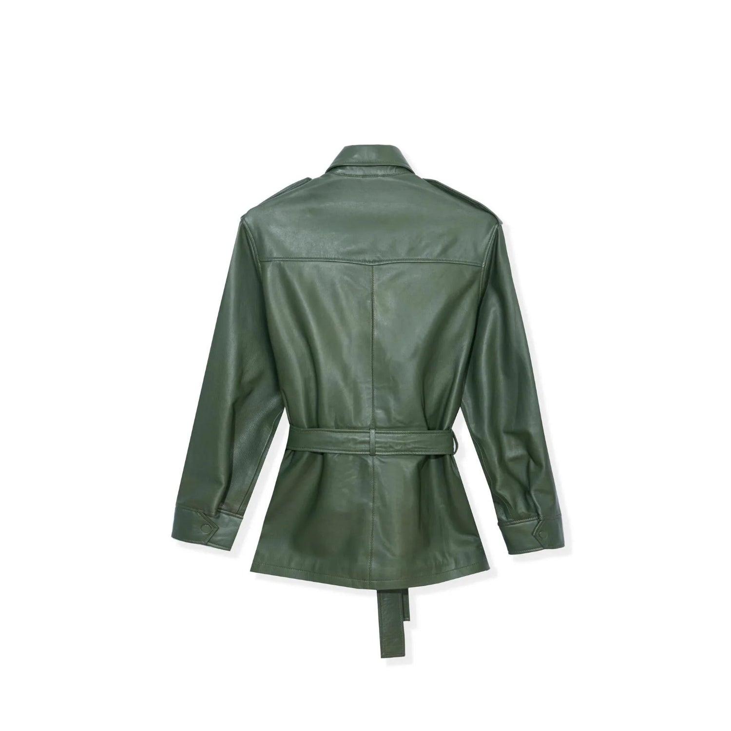 Back view of green leather safari jacket with belt and long sleeves on white background