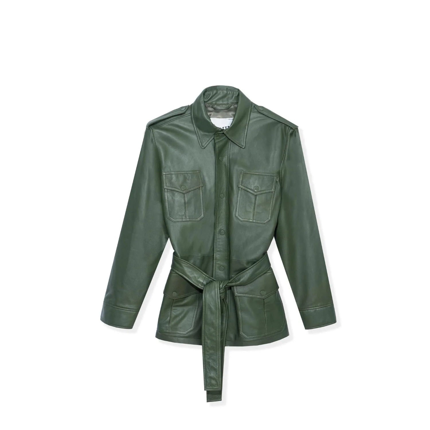 Green leather safari jacket with belted waist and front flap pockets on white background