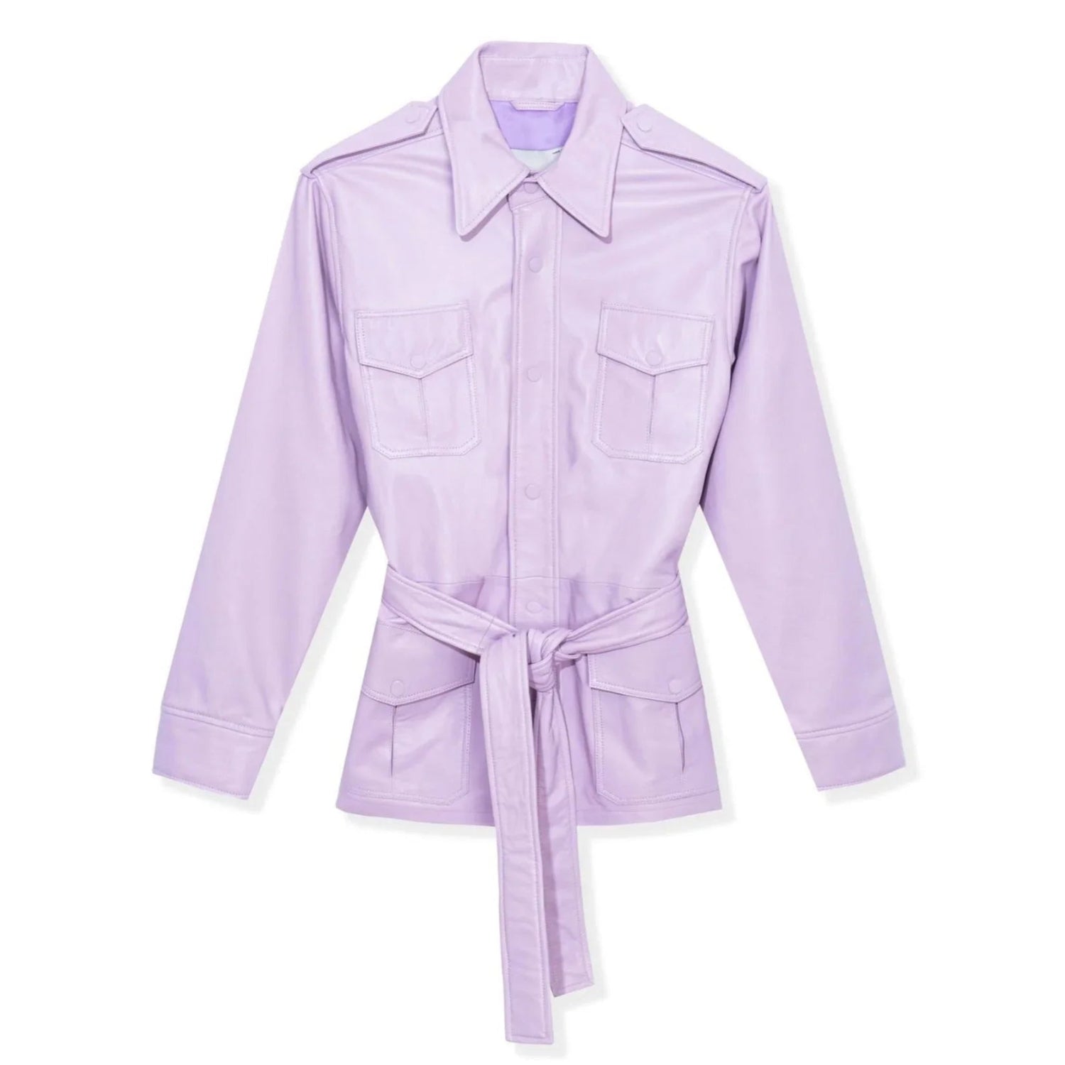 Light purple faux leather safari jacket with waist tie, button pockets, and long sleeves