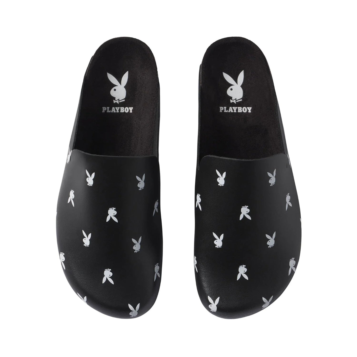Black leather slides with all-over white bunny logo print, slip-on footwear