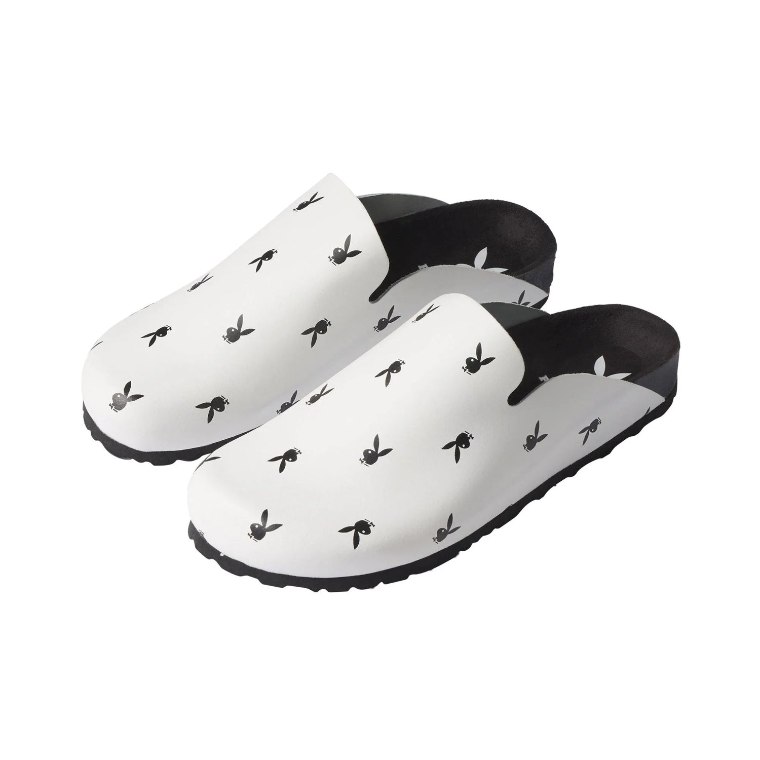 White leather slip-on slides with black bunny logo pattern, black sole, on white background