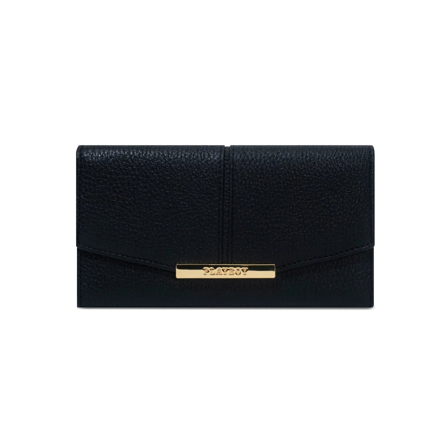 Black leather trifold wallet with gold-tone accent and textured finish, front view
