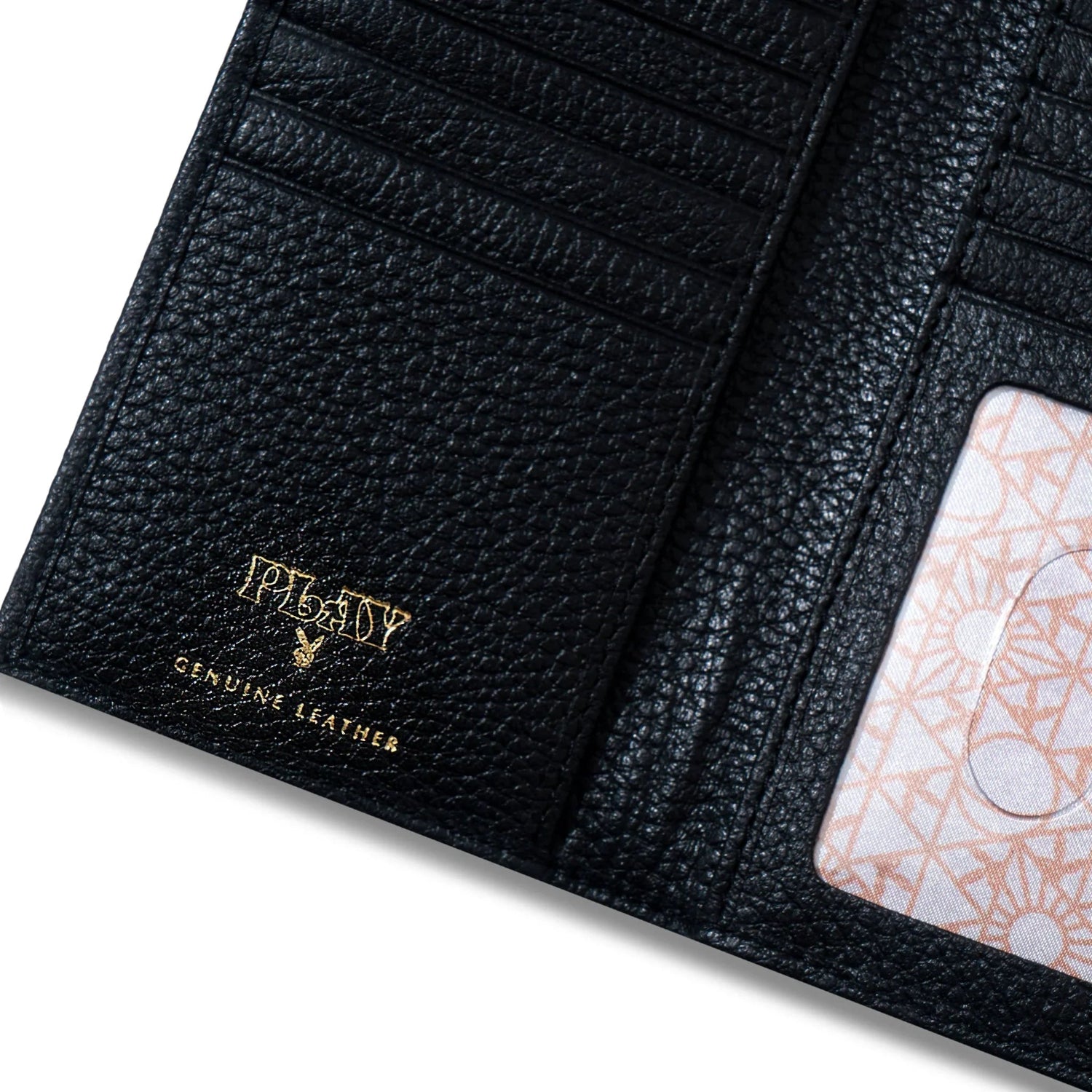 Black leather trifold wallet with card slots, gold embossed logo, and clear ID window