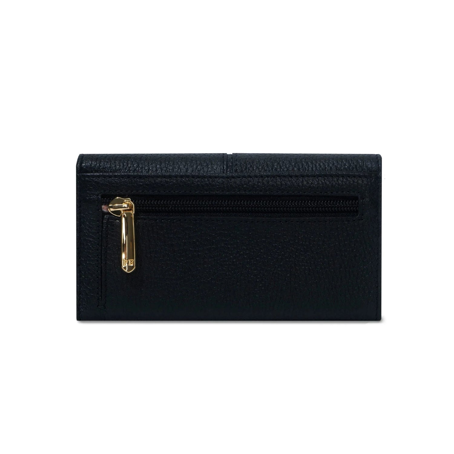 Black leather trifold wallet with gold zipper and textured finish, shown closed