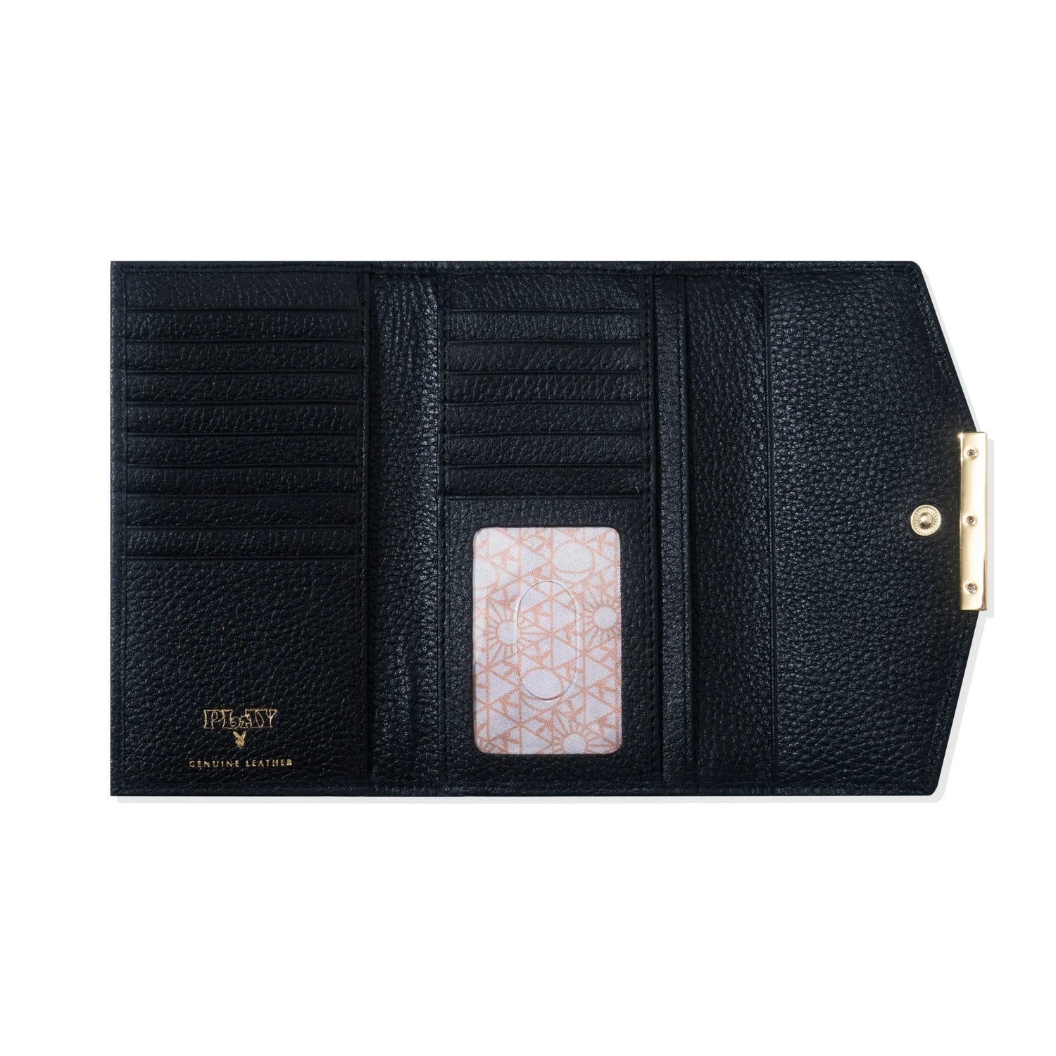 Black leather trifold wallet open flat, with multiple card slots, ID window, and gold snap closure