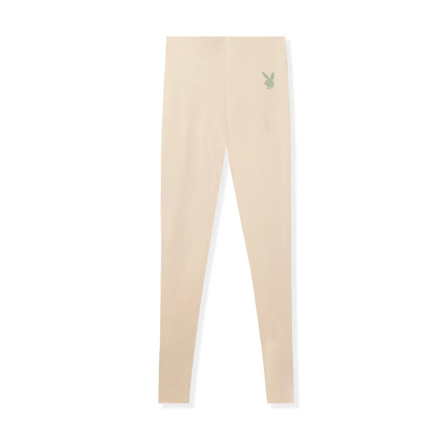 Beige high-waisted leggings with a small green bunny logo on the left hip, flat lay