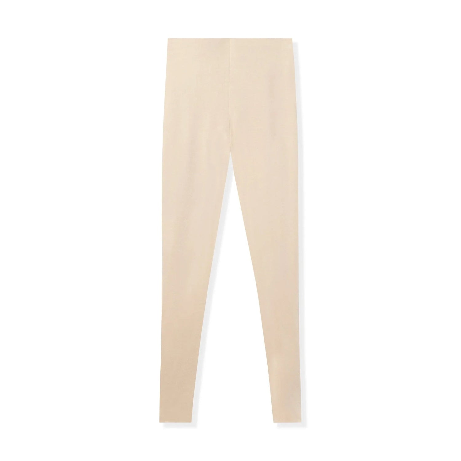Beige women's leggings laid flat on white background, full-length, minimalist style