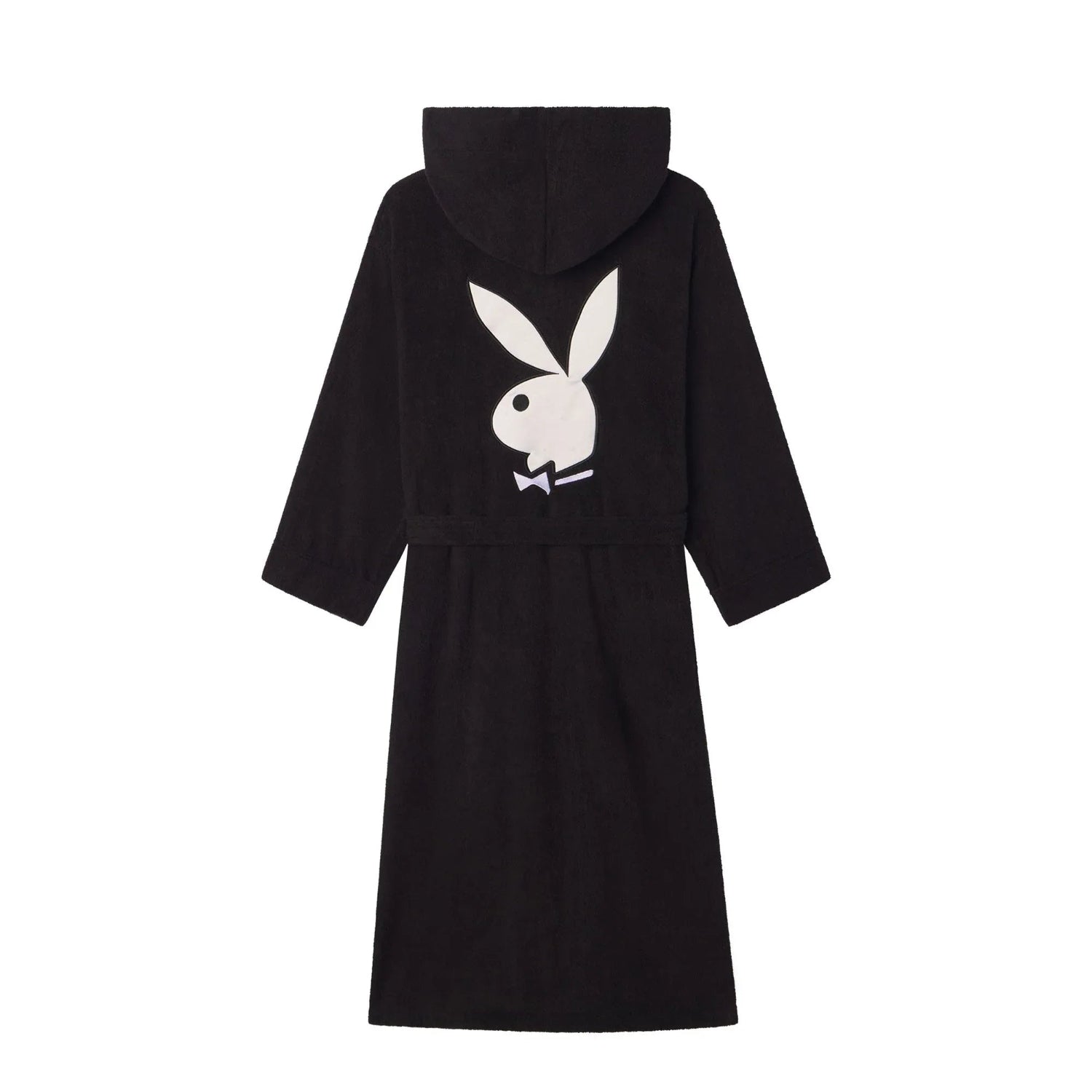 Black hooded bathrobe with large white bunny logo on back, belted, laid flat on white background