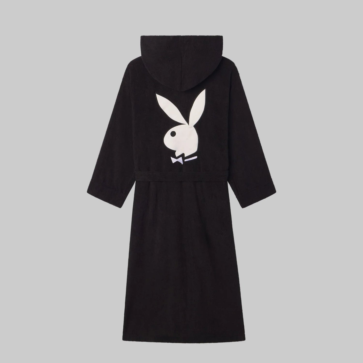 Black hooded bathrobe with white rabbit head logo and belt, displayed on gray background
