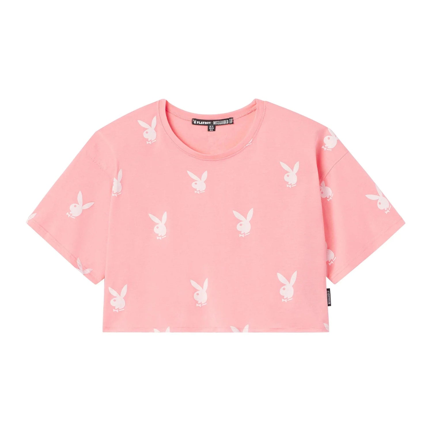 Pink cropped t-shirt with all-over white bunny logo print, short sleeves, and crew neck