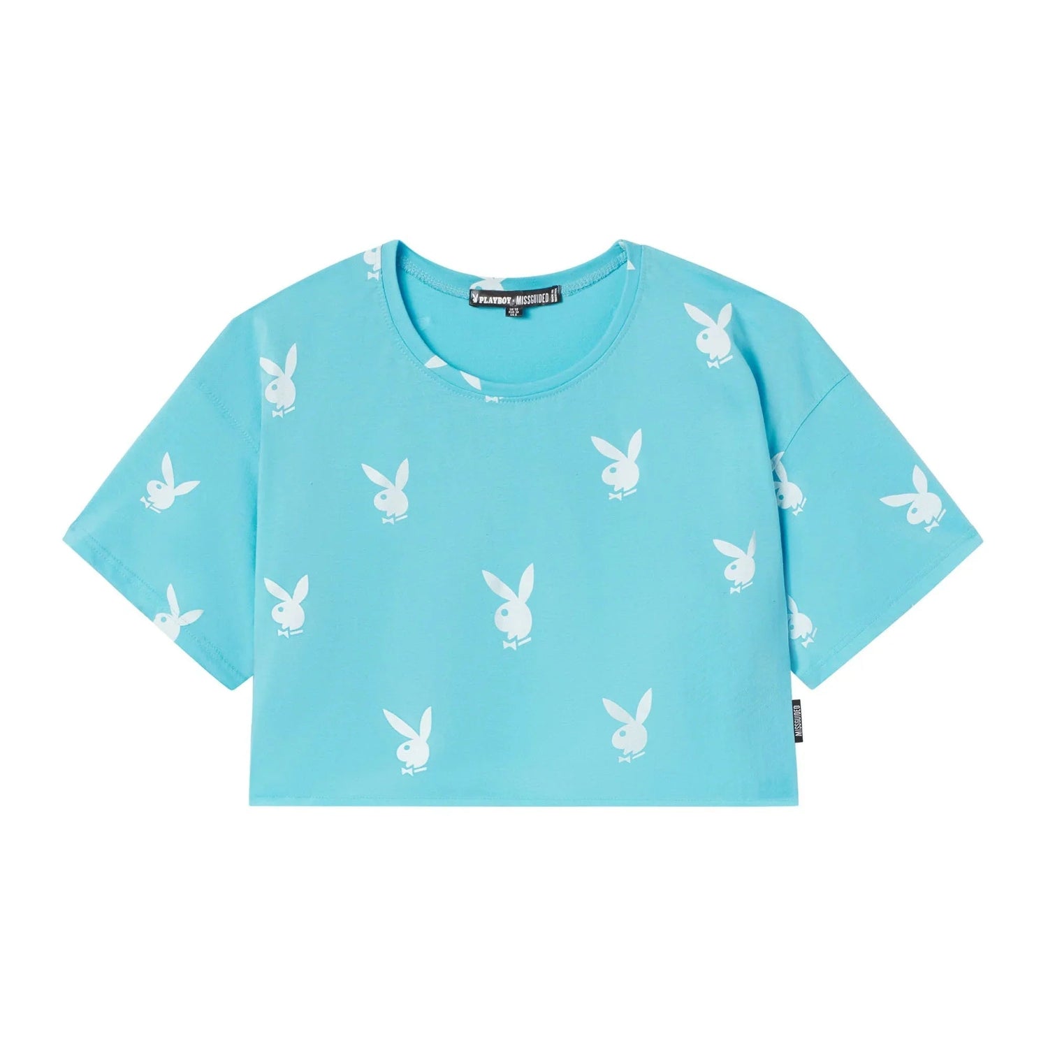 Light blue cropped t-shirt with white bunny print, short sleeves, casual women's apparel