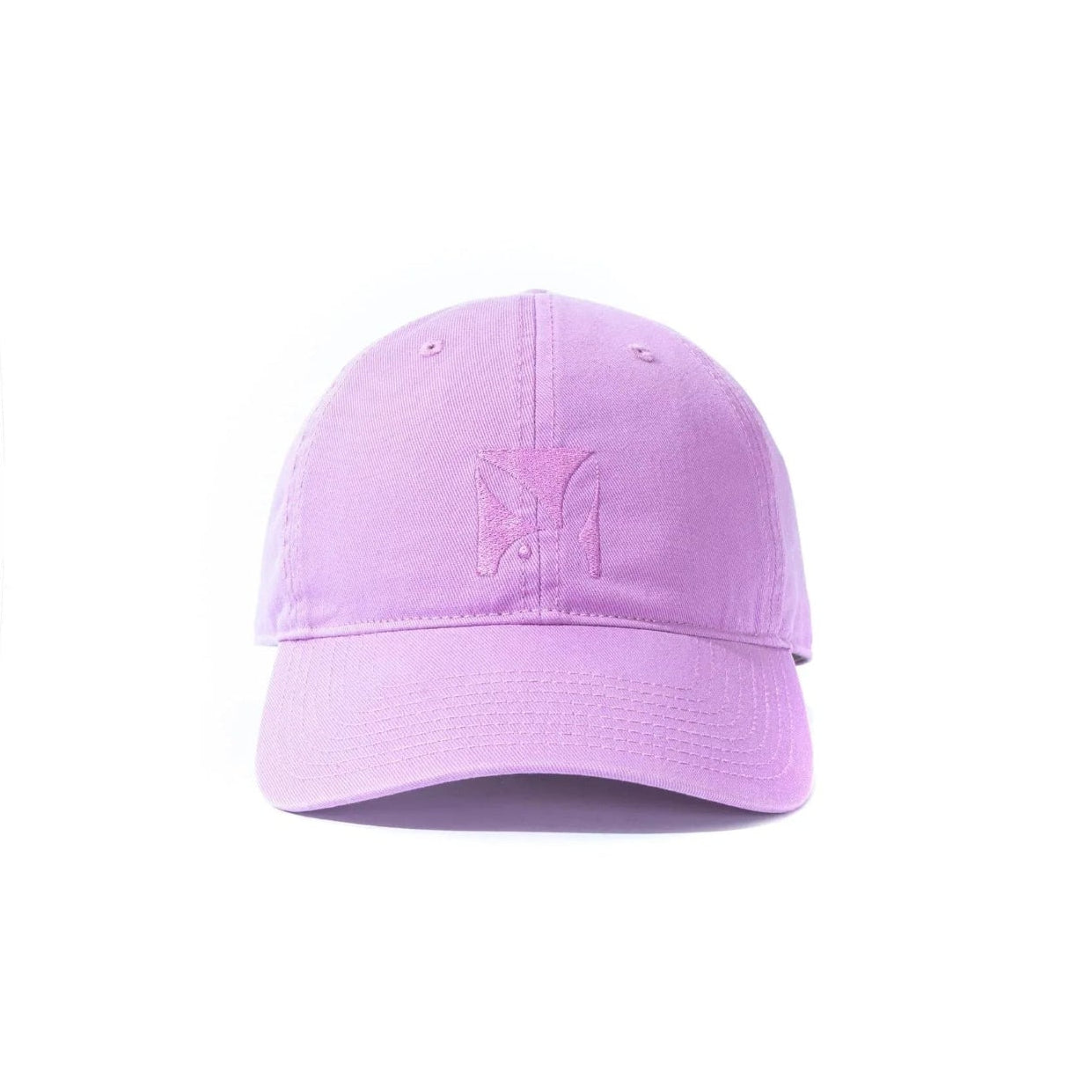 Light purple adjustable dad hat with embroidered front logo on white background
