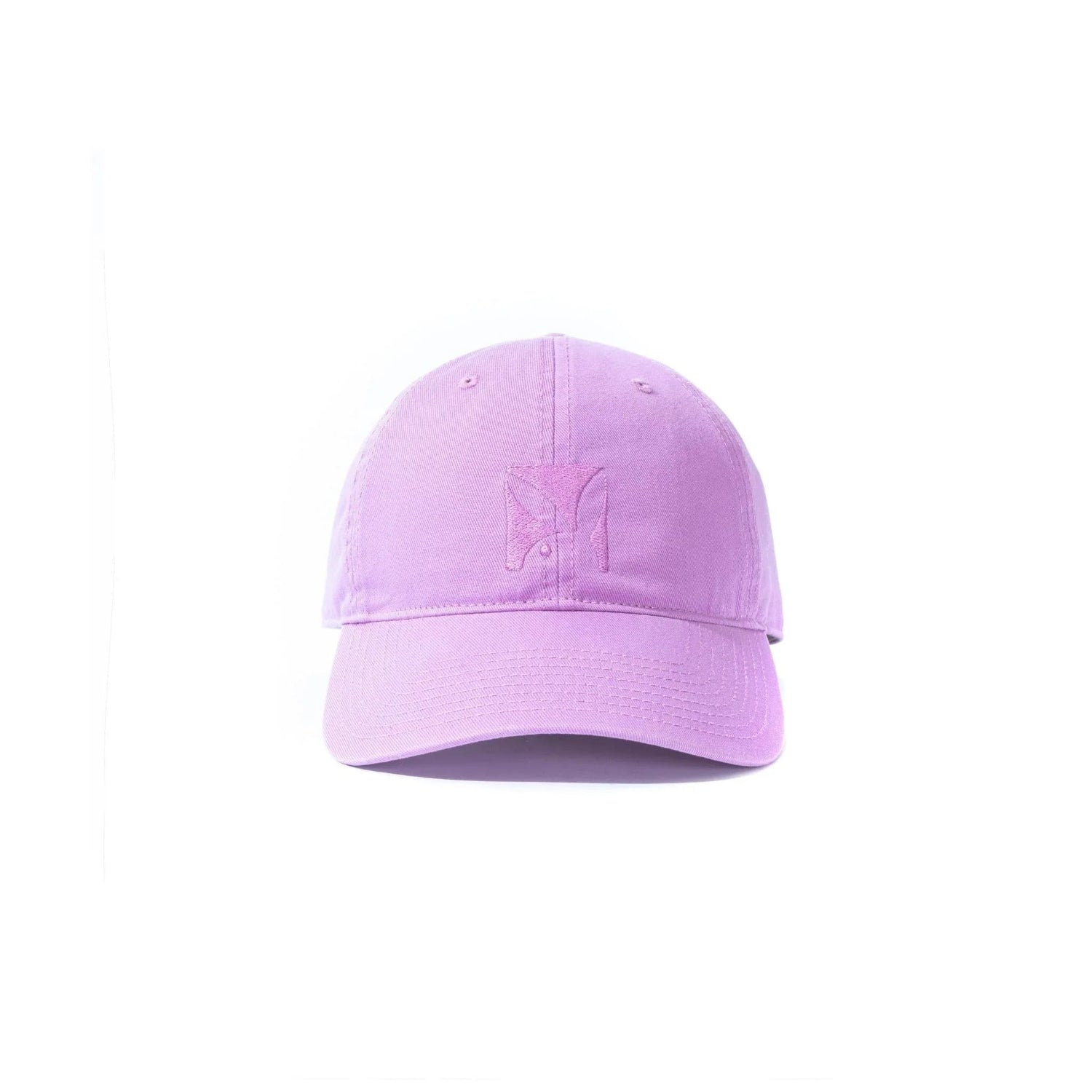 Light purple adjustable dad hat with embroidered front logo on white background